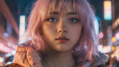 1girl,solo,looking at viewer,short hair,bangs,blue eyes,brown eyes,jewelry,pink hair,outdoors,parted lips,teeth,medium hair,necklace,mole,blurry,lips,eyelashes,night,depth of field,blurry background,portrait,close-up,freckles,realistic,nose,red lips,artist name,bokeh