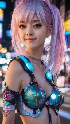 1girl,solo,long hair,breasts,looking at viewer,smile,bangs,cleavage,bare shoulders,twintails,jewelry,closed mouth,swimsuit,upper body,pink hair,bikini,multicolored hair,small breasts,necklace,mole,blurry,black eyes,lips,grey eyes,makeup,blurry background,armlet,realistic,nose,bikini armor,medium breasts,purple hair,outdoors,artist name,armor,eyelashes,depth of field,bikini top only,freckles,science fiction,cyberpunk