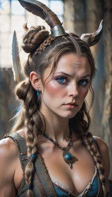 1girl,solo,long hair,breasts,looking at viewer,blush,blue eyes,brown hair,black hair,hair ornament,animal ears,cleavage,bare shoulders,jewelry,medium breasts,closed mouth,collarbone,upper body,braid,earrings,horns,sleeveless,day,necklace,hair bun,blurry,twin braids,lips,eyelashes,makeup,depth of field,blurry background,facial mark,feathers,forehead,freckles,forehead mark,realistic,nose,feather hair ornament,mascara,multiple braids,backlighting,facepaint,bodypaint