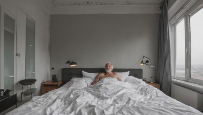 solo,short hair,brown hair,1boy,sitting,closed eyes,male focus,indoors,pillow,window,bed,muscular,bed sheet,facial hair,on bed,chair,muscular male,building,scenery,blanket,lamp,bedroom,under covers,naked sheet,1girl,looking at viewer,brown eyes,nude,lying,phone,table,curtains,desk,topless male,realistic,desk lamp