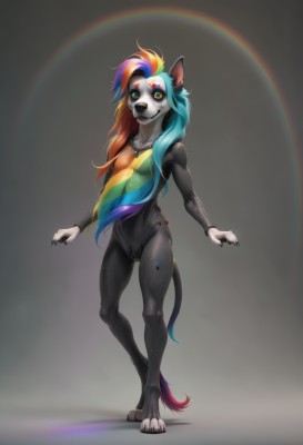 1girl,solo,long hair,breasts,looking at viewer,smile,navel,animal ears,nipples,green eyes,blue hair,standing,collarbone,tail,full body,nude,multicolored hair,small breasts,teeth,pussy,orange hair,aqua hair,gradient hair,colored skin,claws,furry,personification,colored sclera,multicolored eyes,furry female,body fur,rainbow,animal nose,yellow sclera,snout,two-tone fur,animal feet,grey fur,furrification,digitigrade,rainbow hair,blue eyes,blonde hair,simple background,very long hair,yellow eyes,pink hair,green hair,artist name,cat ears,grey background,necklace,cat tail,uncensored,makeup,heterochromia,watermark,messy hair,multicolored clothes,eyeshadow,facepaint