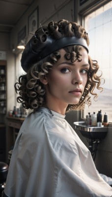 1girl,solo,looking at viewer,short hair,brown hair,shirt,hat,brown eyes,white shirt,upper body,parted lips,indoors,medium hair,blurry,from side,lips,looking to the side,window,black headwear,blurry background,freckles,curly hair,realistic,nose,black hair,dress,jewelry,necklace,white dress,makeup,table,bottle