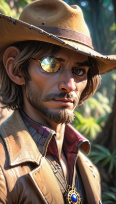 solo,looking at viewer,brown hair,shirt,1boy,hat,brown eyes,jewelry,jacket,upper body,male focus,outdoors,parted lips,day,collared shirt,blurry,black eyes,vest,tree,blurry background,facial hair,portrait,beard,brown jacket,realistic,nose,mustache,brown headwear,monocle,cowboy hat,brown vest,blue eyes,closed mouth,necklace,lips,depth of field,brooch,pendant