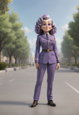 1girl,solo,looking at viewer,smile,shirt,long sleeves,closed mouth,standing,purple eyes,jacket,full body,purple hair,grey hair,outdoors,necktie,sky,shoes,glasses,day,collared shirt,belt,pants,black footwear,blurry,uniform,dark-skinned female,tree,blue sky,military,military uniform,blurry background,black necktie,epaulettes,curly hair,pocket,black belt,arms at sides,road,breast pocket,purple jacket,police,purple pants,breasts,jewelry,white shirt,multicolored hair,earrings,small breasts,artist name,cloud,medium hair,two-tone hair,lips,makeup,buttons,depth of field,watermark,brown footwear,formal,thick eyebrows,suit,round eyewear