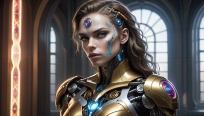 HQ,1girl,solo,long hair,looking at viewer,blue eyes,brown hair,hair ornament,upper body,parted lips,indoors,armor,blurry,lips,window,makeup,wavy hair,facial mark,gem,third eye,portrait,science fiction,realistic,nose,android,cyborg,jewelry,earrings,grey eyes,glowing,lipstick,eyeshadow