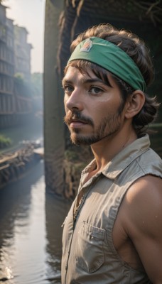 solo,looking at viewer,blue eyes,brown hair,shirt,black hair,1boy,bare shoulders,closed mouth,upper body,male focus,outdoors,sleeveless,day,water,blurry,black eyes,vest,tree,sleeveless shirt,blurry background,headband,facial hair,building,beard,curly hair,pocket,realistic,mustache,river,short hair,brown eyes,from side,lips,bandana,dirty,white vest