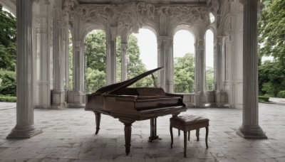 outdoors,day,tree,no humans,plant,instrument,nature,scenery,bush,tile floor,pillar,statue,piano,arch,column,grand piano,indoors,window,architecture,ruins