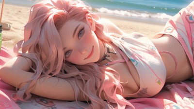 1girl,solo,long hair,breasts,looking at viewer,blush,smile,blue eyes,blonde hair,large breasts,cleavage,closed mouth,swimsuit,pink hair,bikini,outdoors,lying,choker,day,water,necklace,blurry,lips,grey eyes,makeup,blurry background,ocean,umbrella,on side,beach,bottle,towel,pink lips,sand,sarong,beach towel,shirt,bare shoulders,jewelry,multicolored hair,midriff,artist name,crop top,depth of field,halterneck,wavy hair,white bikini,sunlight,on stomach,blanket,product placement