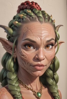 1girl,solo,long hair,looking at viewer,hair ornament,brown eyes,jewelry,collarbone,braid,earrings,green hair,horns,pointy ears,necklace,twin braids,lips,orange eyes,monster girl,portrait,realistic,scales,eyelashes,gem,hair over shoulder,dragon horns,dragon girl,nose,multiple braids