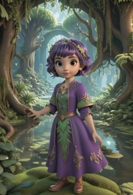 1girl,solo,looking at viewer,smile,short hair,bangs,hair ornament,dress,jewelry,closed mouth,standing,full body,purple hair,flower,short sleeves,boots,outdoors,shoes,day,water,necklace,black eyes,tree,lips,leaf,brown footwear,sunlight,grass,plant,child,nature,purple dress,forest,fantasy,female child,head wreath,lily pad,moss,brown eyes,hairband,artist name,signature,hair flower,flat chest,watermark,web address,cross-laced footwear,reflection,nose,branch,vines,leaf hair ornament,pond