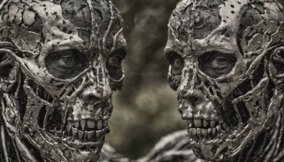 solo,open mouth,1boy,monochrome,greyscale,male focus,teeth,armor,blurry,no humans,blurry background,helmet,portrait,skull,monster,realistic,skeleton,looking at viewer,multiple boys,2boys,clenched teeth,veins,bald,horror (theme)