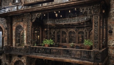 indoors,no humans,window,plant,scenery,lantern,stairs,door,railing,clock,potted plant,lamp,architecture,gears,arch,chandelier,chair,table,building,fantasy,vase