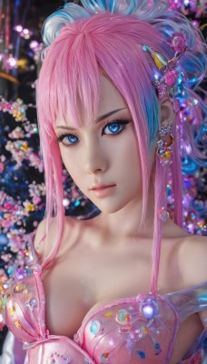 1girl,solo,long hair,breasts,looking at viewer,bangs,blue eyes,hair ornament,cleavage,bare shoulders,jewelry,medium breasts,closed mouth,underwear,blue hair,collarbone,upper body,pink hair,sidelocks,multicolored hair,earrings,bra,blurry,two-tone hair,lips,see-through,eyelashes,makeup,blurry background,gem,realistic,pink bra,nose,mascara,dress,flower,artist name,eyeshadow