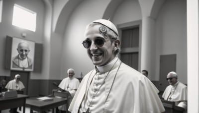 looking at viewer,smile,open mouth,shirt,1boy,hat,jewelry,sitting,monochrome,upper body,greyscale,male focus,earrings,multiple boys,glasses,teeth,solo focus,indoors,dark skin,necklace,grin,blurry,capelet,facial hair,chair,piercing,table,sunglasses,dark-skinned male,cross,desk,6+boys,robe,realistic,round eyewear,mustache,bald,cross necklace,white capelet,old,old man,horror (theme),latin cross,priest,short hair,5boys,doctor