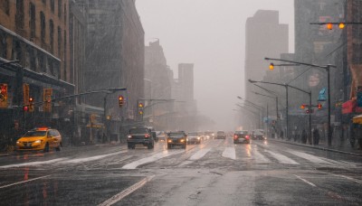 outdoors,sky,no humans,ground vehicle,building,scenery,motor vehicle,reflection,rain,city,sign,car,road,cityscape,multiple others,power lines,lamppost,street,skyscraper,road sign,grey sky,traffic light,crosswalk,sidewalk,bridge