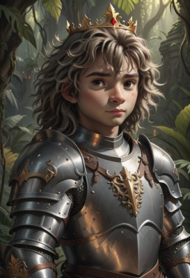 1girl,solo,looking at viewer,short hair,bangs,brown hair,brown eyes,closed mouth,upper body,outdoors,artist name,medium hair,armor,tree,lips,leaf,watermark,wavy hair,crown,plant,shoulder armor,gauntlets,messy hair,nature,forest,freckles,pauldrons,breastplate,realistic,nose,knight,chainmail,plate armor,blush,thick eyebrows