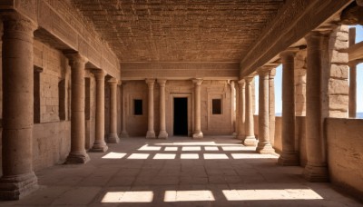 outdoors,sky,day,indoors,blue sky,no humans,window,shadow,sunlight,building,scenery,stairs,door,shade,ruins,pillar,arch,column,cloud,architecture