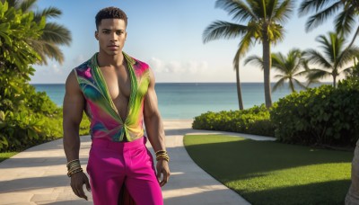 HQ,solo,looking at viewer,short hair,brown hair,shirt,black hair,1boy,brown eyes,jewelry,standing,male focus,cowboy shot,outdoors,parted lips,open clothes,sky,sleeveless,day,pants,cloud,dark skin,water,vest,bracelet,tree,blue sky,lips,open shirt,muscular,shadow,ocean,beach,dark-skinned male,pectorals,plant,realistic,palm tree,arms at sides,horizon,bush,pectoral cleavage,pink pants,bangle