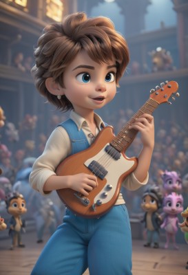 1girl,solo,smile,short hair,open mouth,blue eyes,brown hair,shirt,holding,jewelry,white shirt,earrings,solo focus,collared shirt,pants,blurry,vest,blurry background,denim,instrument,child,freckles,jeans,music,guitar,female child,overalls,playing instrument,holding instrument,multiple girls,long sleeves,standing,outdoors,parted lips,multiple boys,horns,teeth,lips,night,depth of field,colored skin,moon,building,night sky,sleeves rolled up,nose,blue pants,blue vest,crowd,pink skin