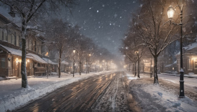 outdoors, sky, tree, dutch angle, no humans, window, night, building, scenery, snow, snowing, fence, road, house, winter, lamppost, bare tree