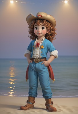 1girl,solo,long hair,looking at viewer,blush,smile,brown hair,shirt,hat,bow,ribbon,brown eyes,closed mouth,standing,jacket,full body,white shirt,boots,outdoors,open clothes,sky,belt,pants,dark skin,water,star (symbol),blurry,red bow,flat chest,red ribbon,dark-skinned female,lips,night,buttons,blurry background,ocean,beach,brown footwear,child,sleeves rolled up,curly hair,hands in pockets,straw hat,horizon,blue pants,brown belt,flower,day,shadow,watermark,denim,web address,sun hat,hat flower