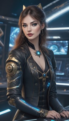 1girl,solo,long hair,breasts,looking at viewer,blue eyes,brown hair,long sleeves,cleavage,jewelry,medium breasts,closed mouth,jacket,upper body,earrings,choker,artist name,indoors,necklace,nail polish,blurry,lips,black jacket,makeup,blurry background,lipstick,gem,black nails,eyeshadow,science fiction,hoop earrings,realistic,nose,red lips,eyeliner,bangs,sitting,braid,horns,mole,parted bangs