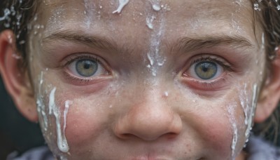 1girl,solo,looking at viewer,brown hair,1boy,brown eyes,closed mouth,green eyes,cum,water,blurry,lips,eyelashes,portrait,facial,close-up,freckles,reflection,realistic,eye focus,short hair,yellow eyes,male focus,nose