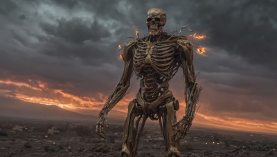 solo,standing,outdoors,sky,cloud,no humans,ocean,cloudy sky,fire,robot,1other,smoke,science fiction,skull,horizon,ribs,skeleton,bone,burning,scenery,sunset,damaged