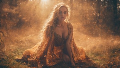 1girl,solo,long hair,breasts,looking at viewer,blue eyes,blonde hair,large breasts,dress,cleavage,medium breasts,sitting,closed mouth,cape,tree,lips,sunlight,grass,backlighting,curly hair,realistic,fantasy,on ground,bare shoulders,very long hair,collarbone,outdoors,parted lips,sleeveless,day,mole,bare arms,eyelashes,makeup,sleeveless dress,arm support,wavy hair,nature,light particles,forest,nose,yellow theme,mascara