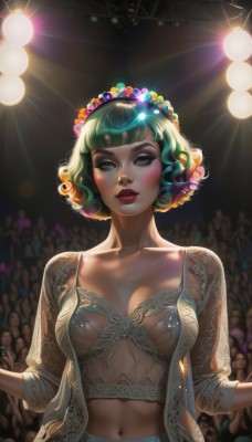 1girl,solo,breasts,looking at viewer,blush,short hair,bangs,hair ornament,navel,cleavage,medium breasts,underwear,nipples,green eyes,collarbone,upper body,flower,multicolored hair,parted lips,green hair,open clothes,solo focus,midriff,artist name,signature,hair flower,blunt bangs,stomach,bra,blurry,two-tone hair,lips,see-through,eyelashes,makeup,lingerie,lipstick,lace trim,lace,breasts apart,eyeshadow,backlighting,curly hair,nose,red lips,light,crowd,mascara,stage lights,realistic,head wreath,spotlight