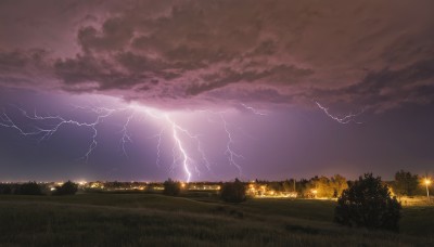 outdoors,sky,cloud,tree,no humans,cloudy sky,grass,building,nature,scenery,sunset,electricity,lamppost,lightning,night,fire,night sky,forest,fireworks,landscape,city lights