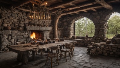 outdoors,day,indoors,tree,cup,no humans,window,chair,table,sunlight,fire,plant,nature,scenery,plate,forest,stairs,fantasy,candle,wall,ruins,brick wall,stool,torch,candlestand,stone floor,wooden table,stone wall,fireplace,bottle,barrel,chandelier,wood