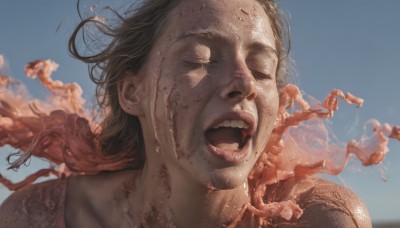 1girl,solo,short hair,open mouth,brown hair,1boy,closed eyes,male focus,outdoors,sky,teeth,day,tongue,cloud,blurry,blue sky,lips,portrait,realistic,blood,messy hair,injury,blood on face,dirty,screaming,dirty face