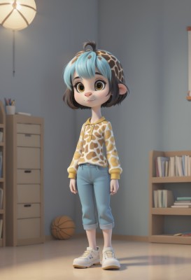 1girl,solo,looking at viewer,smile,short hair,bangs,brown hair,shirt,black hair,long sleeves,brown eyes,closed mouth,blue hair,standing,full body,ahoge,multicolored hair,hairband,shoes,pointy ears,pants,artist name,indoors,two-tone hair,book,shadow,white footwear,denim,animal print,sneakers,child,ball,yellow shirt,jeans,blue pants,bookshelf,female child,lamp,male child,pencil,shelf,basketball,hood,hoodie