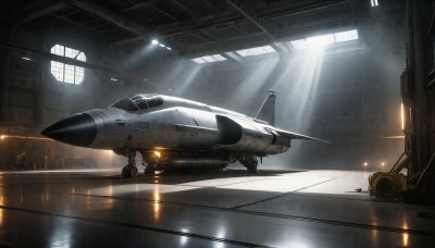 HQ,indoors,signature,military,no humans,window,sunlight,scenery,reflection,flying,science fiction,light rays,realistic,aircraft,military vehicle,airplane,light,sunbeam,vehicle focus,spacecraft,hallway,lights,jet,fighter jet,pilot,water