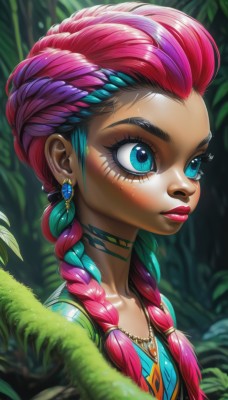 1girl,solo,long hair,blush,blue eyes,hair ornament,jewelry,closed mouth,collarbone,upper body,pink hair,purple hair,braid,red hair,multicolored hair,earrings,outdoors,choker,shiny,artist name,dark skin,necklace,blurry,twin braids,from side,two-tone hair,aqua eyes,dark-skinned female,lips,eyelashes,makeup,depth of field,blurry background,leaf,looking away,thick eyebrows,feathers,plant,lipstick,gem,portrait,nature,hair over shoulder,pendant,eyeshadow,freckles,nose,red lips,eyeliner,mascara,multiple braids,shirt,blue hair,signature,flat chest,looking to the side,fur trim,aqua hair,tattoo,sunlight,pink lips,feather hair ornament,facepaint,looking afar,tribal