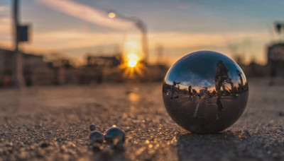 outdoors, sky, blurry, depth of field, ground vehicle, scenery, motor vehicle, explosion