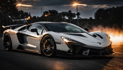 outdoors,sky,cloud,tree,no humans,cloudy sky,fire,ground vehicle,motor vehicle,car,road,vehicle focus,lamppost,sports car,solo,from side,wheel