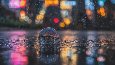 outdoors, blurry, no humans, night, depth of field, building, scenery, reflection, science fiction, rain, city, cityscape, bokeh, city lights, lights