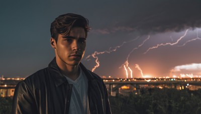 solo,short hair,brown hair,shirt,black hair,1boy,closed mouth,jacket,white shirt,upper body,male focus,outdoors,open clothes,sky,solo focus,cloud,blurry,open jacket,black jacket,facial hair,cloudy sky,building,grey shirt,smoke,sunset,city,realistic,stubble,leather,leather jacket,looking at viewer,night,blurry background,night sky,undercut,lightning,city lights