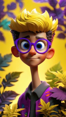 solo,looking at viewer,smile,short hair,blue eyes,blonde hair,brown hair,shirt,black hair,1boy,closed mouth,upper body,flower,male focus,multicolored hair,necktie,glasses,collared shirt,blurry,vest,two-tone hair,blurry background,leaf,plant,yellow background,freckles,purple flower,purple shirt,male child,purple-framed eyewear,artist name,spiked hair