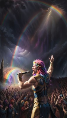 1girl,long hair,open mouth,multiple girls,holding,jewelry,blue hair,pink hair,purple hair,male focus,multicolored hair,outdoors,multiple boys,sky,teeth,solo focus,cloud,from behind,armor,arm up,bracelet,two-tone hair,muscular,facial hair,6+girls,helmet,cloudy sky,instrument,microphone,rain,6+boys,music,bracer,singing,rainbow,lightning,crowd,glowstick,concert,army,hair ornament,gloves,1boy,standing,braid,artist name,fingerless gloves,tattoo,looking up,muscular male,shoulder armor,circlet,light rays,holding microphone,playing instrument,people,audience