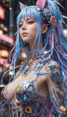 1girl,solo,long hair,breasts,bangs,blue eyes,hair ornament,animal ears,cleavage,jewelry,medium breasts,blue hair,upper body,ponytail,pink hair,flower,multicolored hair,parted lips,cat ears,hair flower,necklace,blurry,lips,depth of field,blurry background,fake animal ears,gem,science fiction,realistic,android,mechanical parts,large breasts,bare shoulders,closed mouth,sidelocks,artist name,signature,armor,eyelashes,makeup,detached collar,rose,watermark,pink flower,pink lips,nose,pink rose,bokeh,mascara