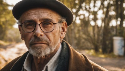 solo,looking at viewer,shirt,1boy,hat,brown eyes,closed mouth,jacket,white shirt,upper body,white hair,grey hair,male focus,outdoors,necktie,glasses,collared shirt,blurry,tree,coat,black headwear,depth of field,blurry background,facial hair,portrait,beard,black-framed eyewear,brown jacket,mature male,realistic,round eyewear,mustache,manly,old,old man,photo background,wrinkled skin,lips,beret