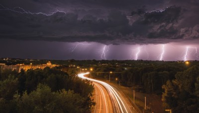 outdoors,sky,cloud,water,tree,no humans,night,cloudy sky,building,nature,scenery,forest,city,electricity,road,bridge,lamppost,river,lightning,landscape,signature,ocean,grass,night sky,mountain,horizon,cityscape,dark,city lights,lights