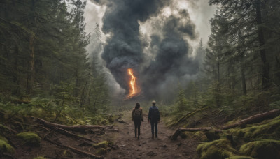 outdoors, multiple boys, sky, cloud, 2boys, tree, cloudy sky, fire, nature, scenery, forest, ruins