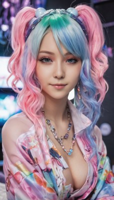 1girl,solo,long hair,breasts,looking at viewer,smile,bangs,blue eyes,large breasts,shirt,hair ornament,cleavage,twintails,jewelry,medium breasts,closed mouth,blue hair,collarbone,upper body,pink hair,multicolored hair,earrings,necklace,blurry,two-tone hair,lips,parted bangs,grey eyes,eyelashes,aqua hair,gradient hair,makeup,blurry background,wavy hair,animal print,eyeshadow,beads,realistic,nose,tied shirt,print shirt,bead necklace,mascara,hair beads,japanese clothes,artist name,bra,lipstick,pearl necklace