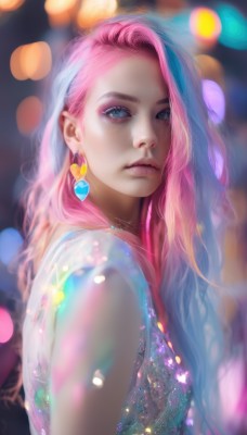 1girl,solo,long hair,looking at viewer,blue eyes,shirt,jewelry,closed mouth,blue hair,upper body,pink hair,heart,multicolored hair,earrings,sleeveless,artist name,blurry,from side,two-tone hair,lips,eyelashes,makeup,depth of field,blurry background,watermark,web address,eyeshadow,freckles,realistic,nose,heart earrings,bokeh,mascara,breasts,bangs,dress,bare shoulders,necklace,see-through,looking to the side,gradient hair,wavy hair,expressionless,lipstick