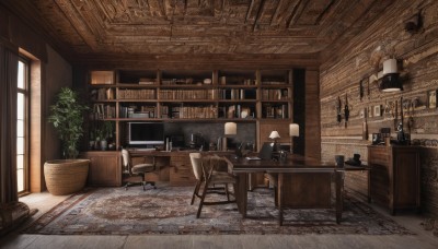 day,indoors,cup,book,no humans,window,chair,table,sunlight,bottle,plant,box,scenery,wooden floor,door,bookshelf,basket,potted plant,lamp,stool,shelf,carpet,rug,cabinet,fireplace,tree,ceiling,candlestand,ceiling light,chandelier