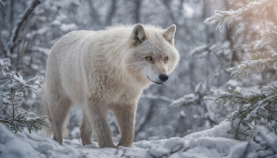 outdoors, signature, blurry, tree, no humans, animal, snow, dog, realistic, branch, animal focus, winter